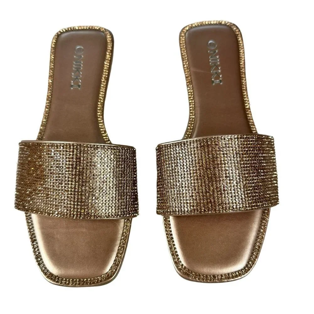 NIkki Women's Rhinestone Slide‎ Sandals Open Toe Flat Slip on Rose Gold Sz 6
